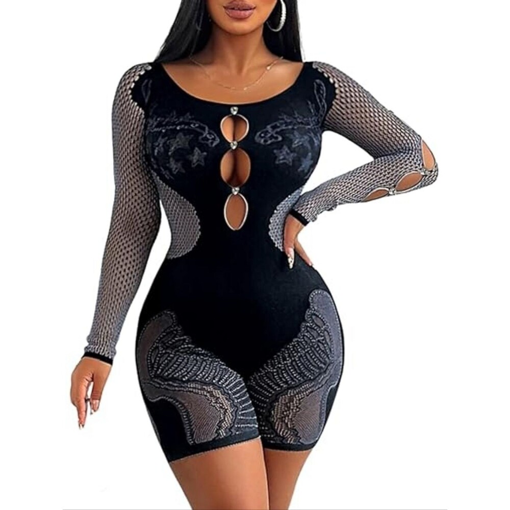 Black Mesh Rompers Detail Cutout Bodycon. Women's Large New